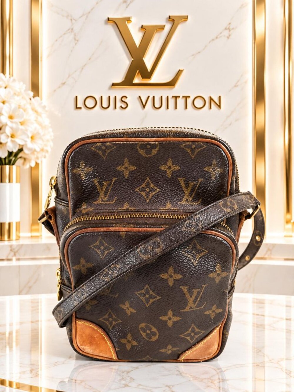 Authentic Louis Vuitton Amazone Monogram Canvas Crossbody Bag Vintage Brown LV